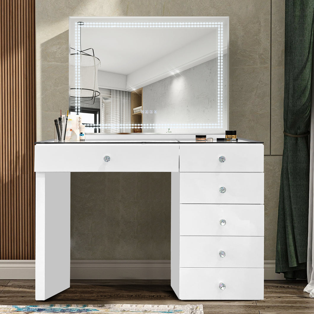 Luxe Glow White 6-Drawer LED Vanity with Crystal Knobs #1204-1205