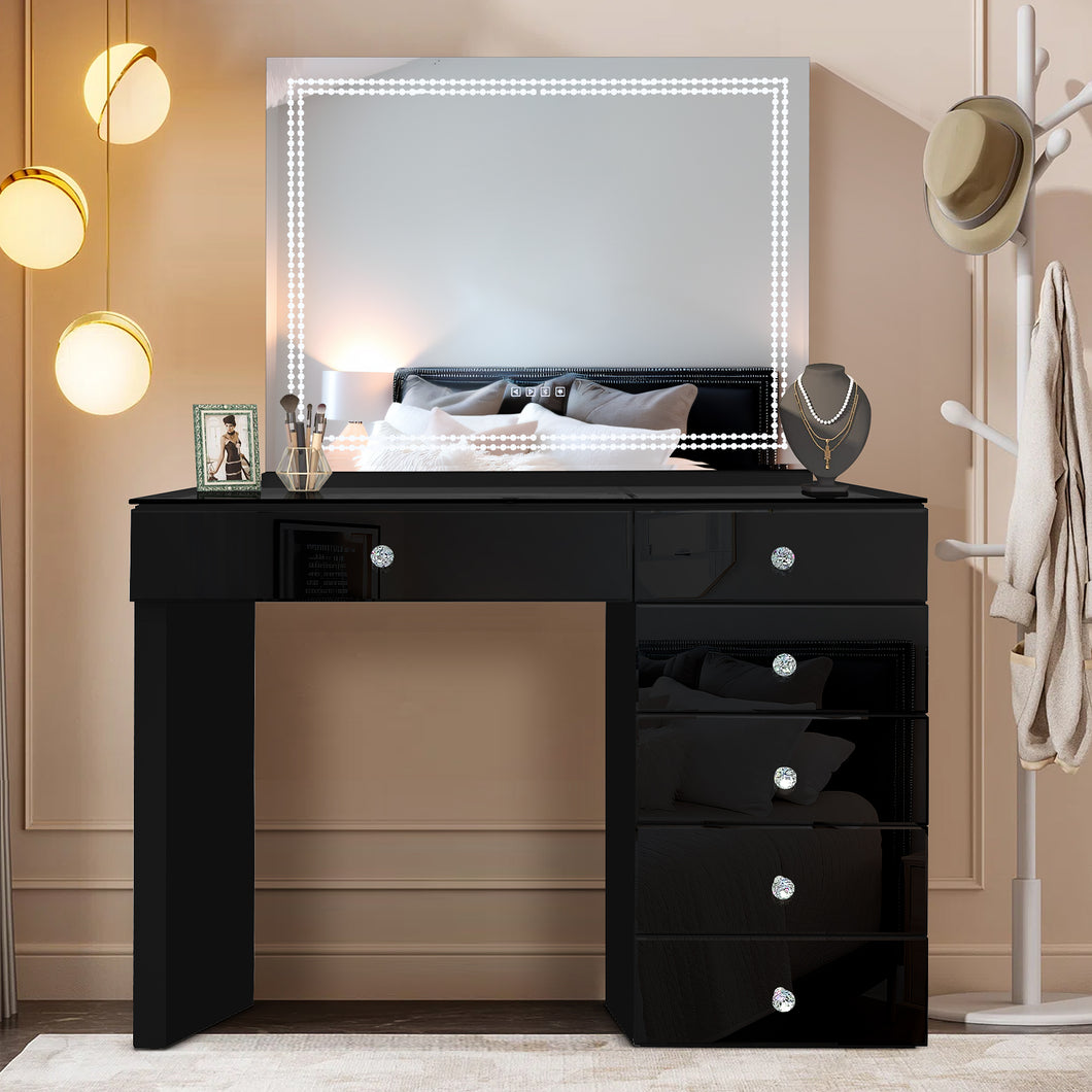 Luxe Glow Black 6-Drawer LED Vanity with Crystal Knobs #1206-1207