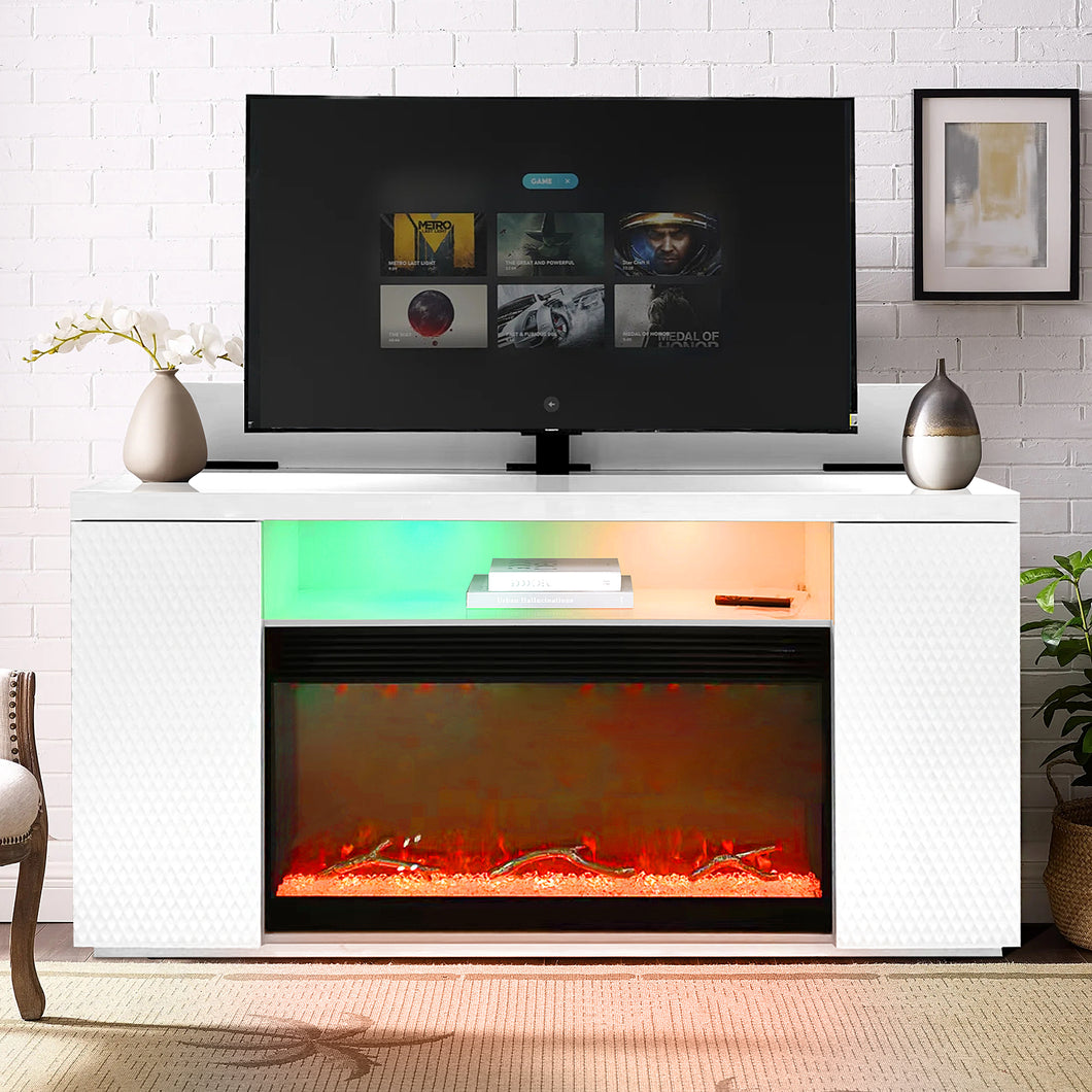 MODERN WHITE TV STAND WITH LED LIGHTS, BLUETOOTH FIREPLACE, AND TV LIFT #1216