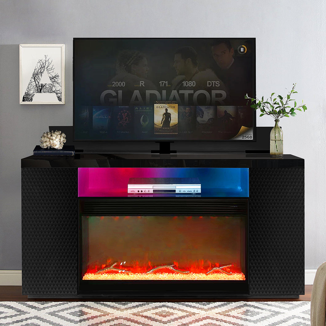 MODERN BLACK TV STAND WITH LED LIGHTS, BLUETOOTH FIREPLACE, AND TV LIFT #1217
