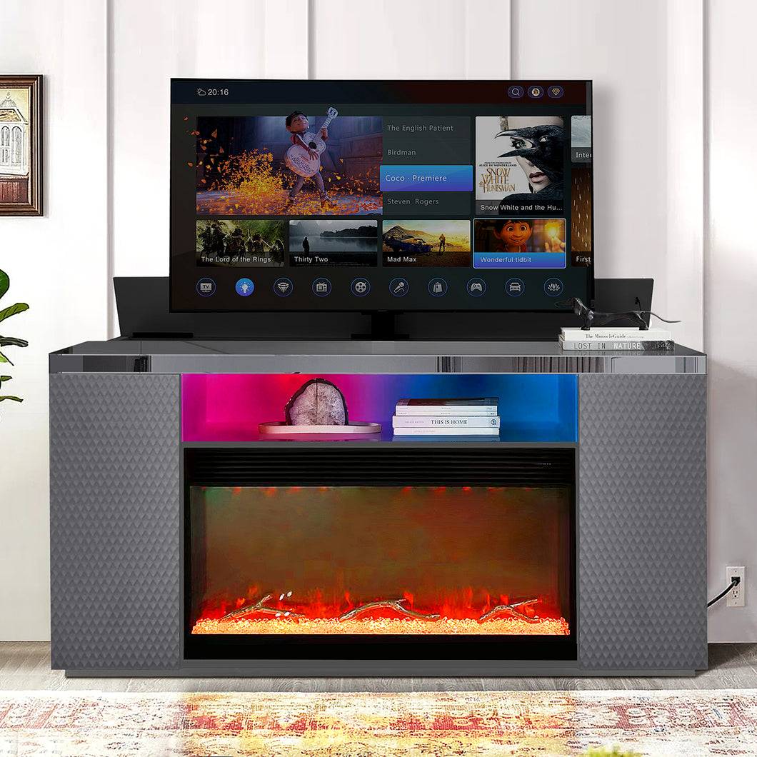 MODERN GRAY TV STAND WITH LED LIGHTS, BLUETOOTH FIREPLACE, AND TV LIFT #1218