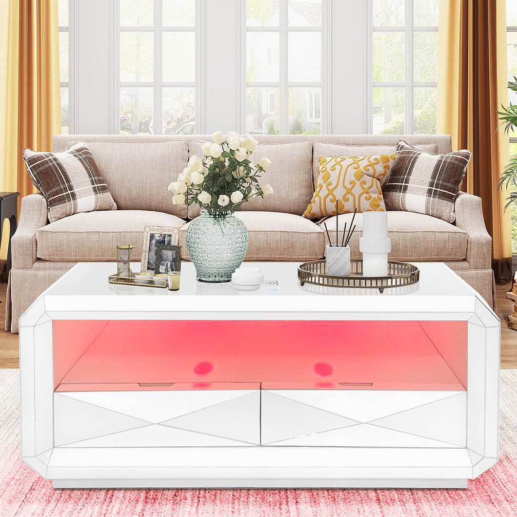 WHITE COFFEE TABLE WITH DRAWERS, LED LIGHTS & BLUETOOTH SPEAKER SYSTEM #1219