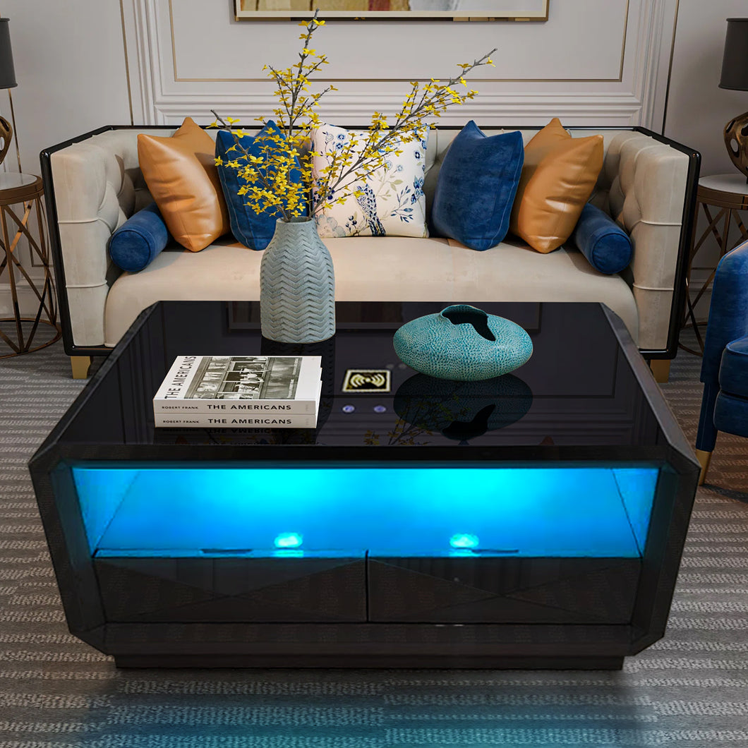 MODERN BLACK COFFEE TABLE WITH DRAWERS, LED LIGHTS & BLUETOOTH SPEAKER SYSTEM #1220