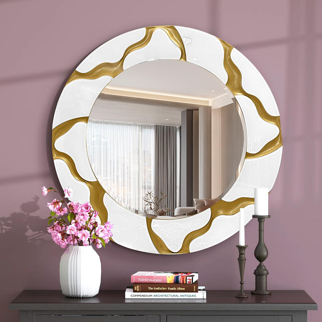 Gold & White Round Mosaic Wall Mirror #788