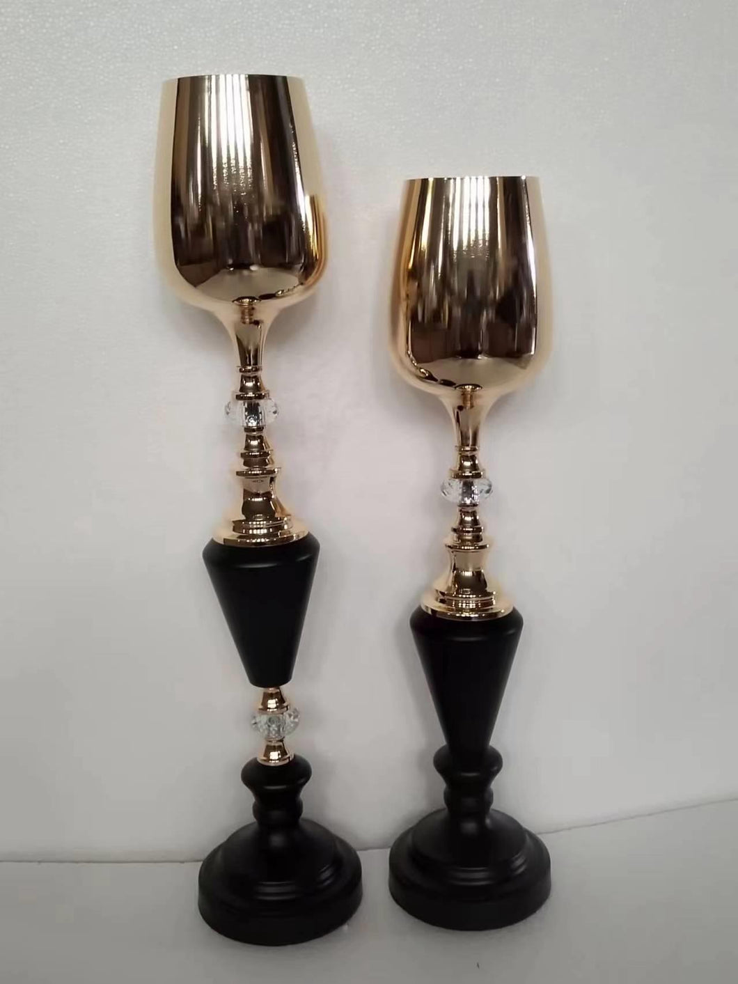 Gold & Black Tall Metallic Candle Holder W/ Crystal Accents 2 PCS #879