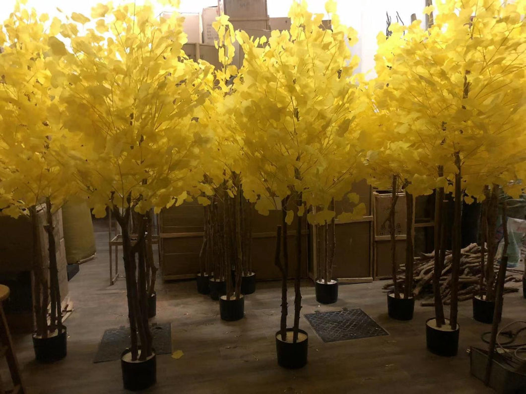 Yellow Tree With Artificial Leaves Solid Wood Trunk 2pc Set #938